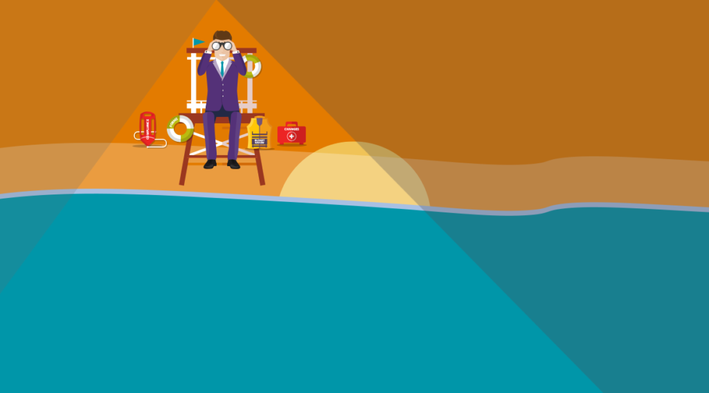 Graphic of a businessman with binoculars on a lifeguard chair